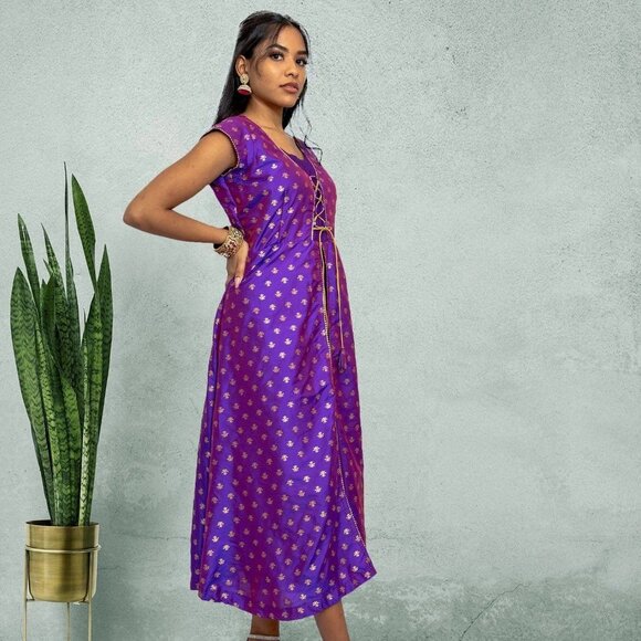 Purple Gold Silk Knee-Length Ethno-Chic Dress | Muvvas Boutique - Picture 4 of 5